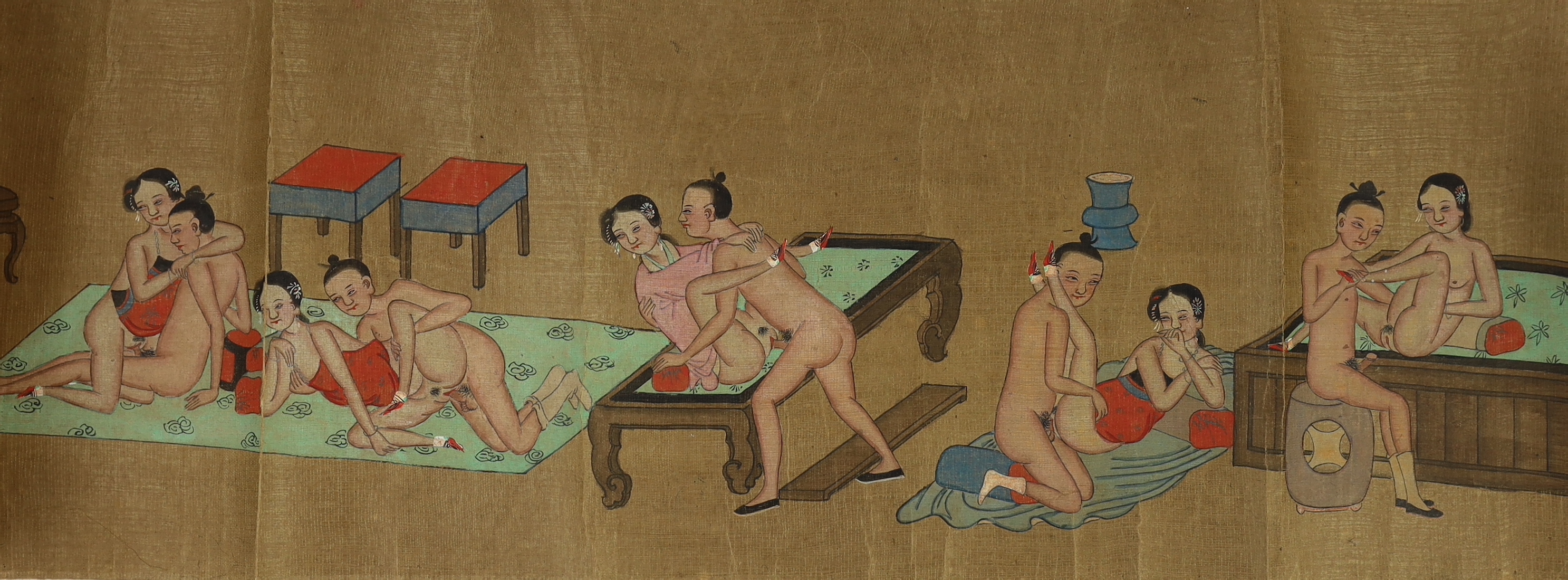 A Chinese erotic hand scroll on silk, early 20th century